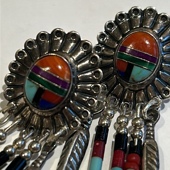 925 Colorful Concho Earrings With Stone Inlay and Dangles - Picture 6 of 6